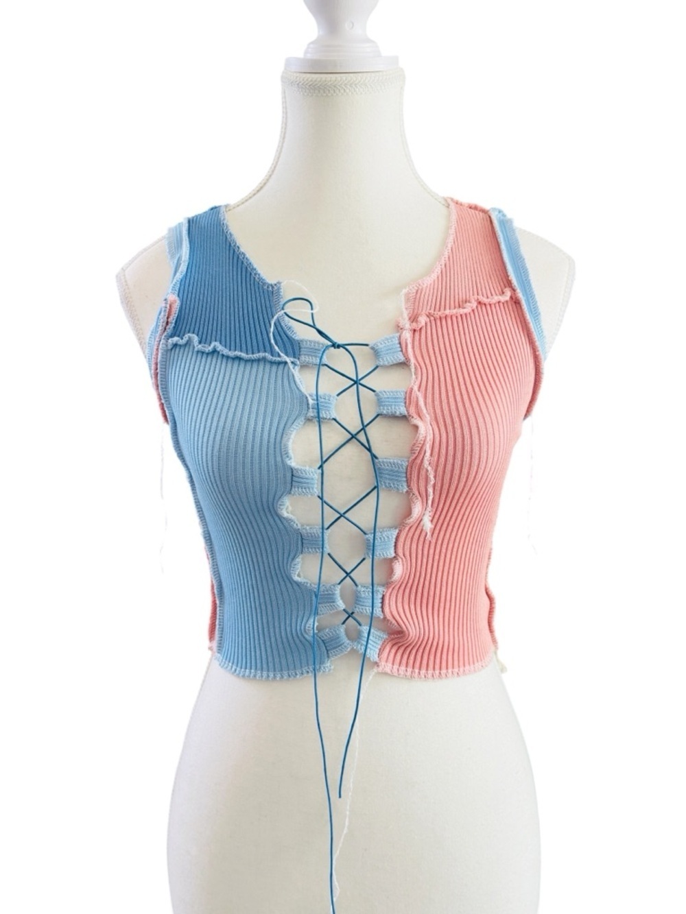 Immodel Lace Up Top Womens S Blue Pink Ribbed Y2K Colorblock Knit Tank